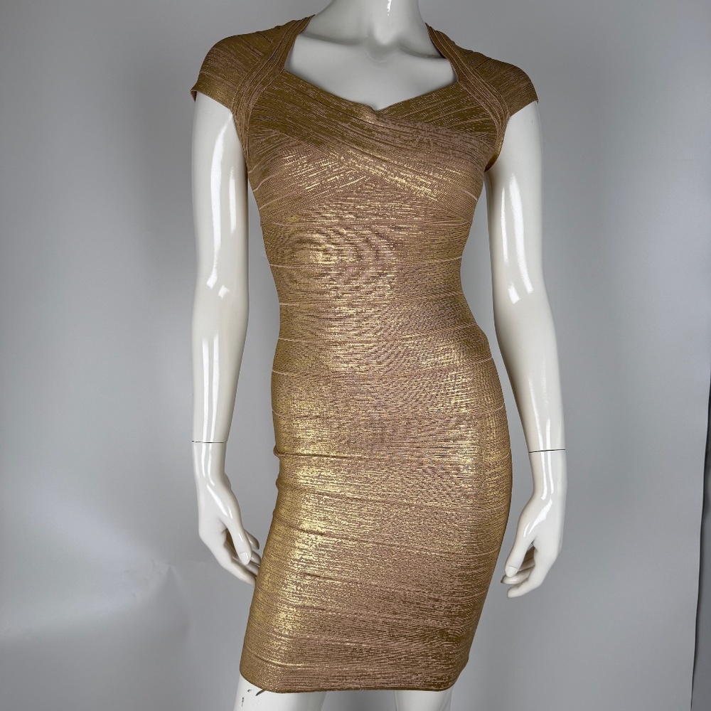 Herve Leger Tejana Gold Short Sleeve Above the Knee Dress S NWT